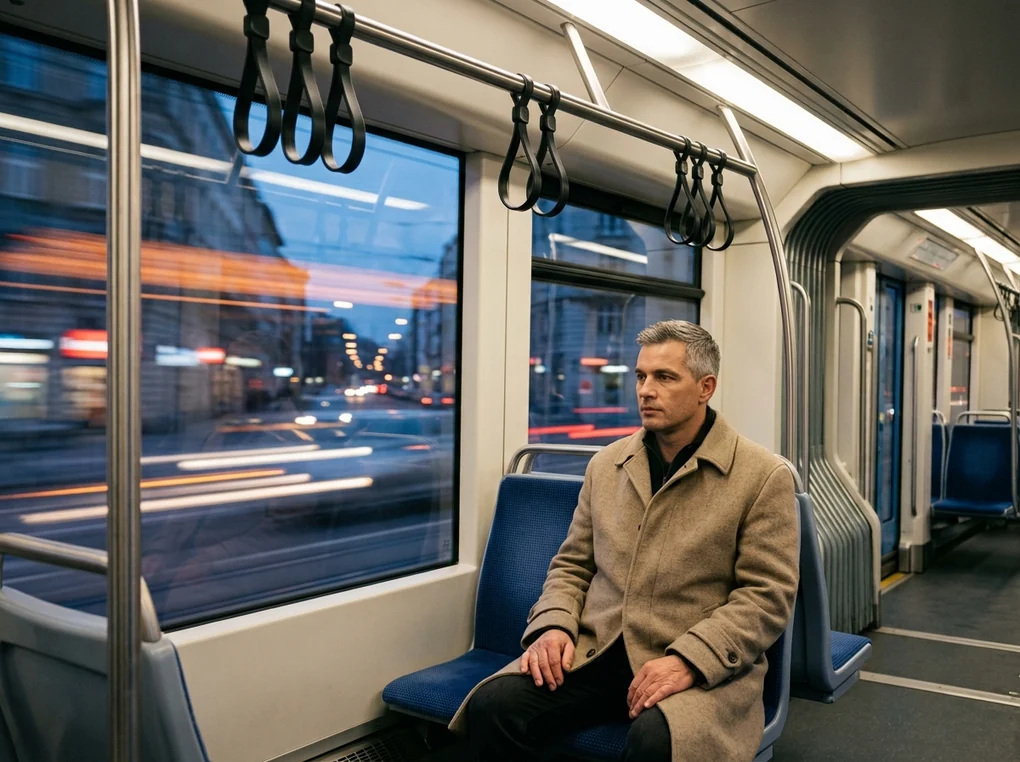 Ein Mann im beigen Mantel sitzt ruhig in einer fahrenden Straßenbahn, draußen zieht die Stadt am Abend als Lichtstreifen vorbei